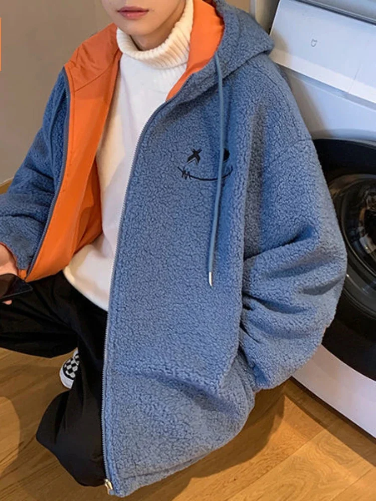 

Double-sided Lamb Wool Padded Coat 2024 Winter Velvet Thickening Trend Streetwear Top Handsome Loose Warm Hooded Jacket