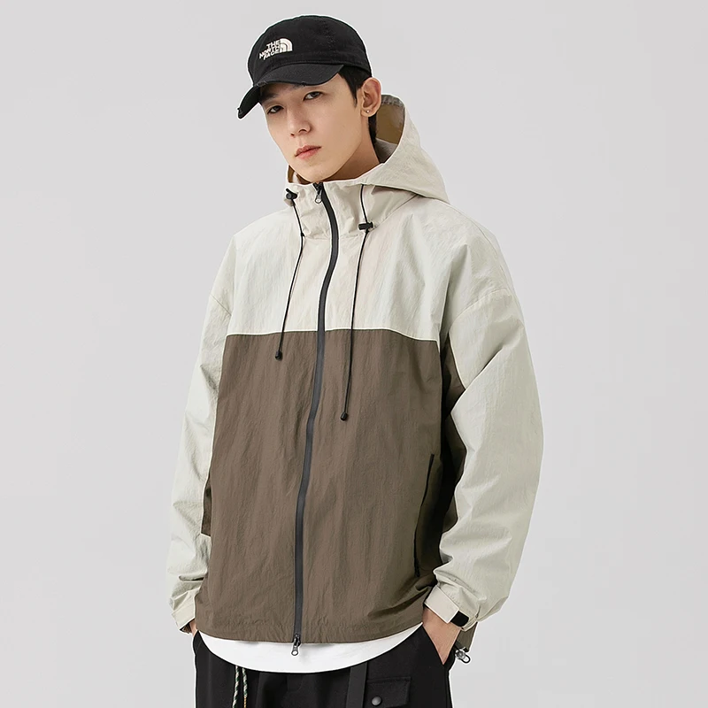 High Quality Men Spring Jacket Patchwork Hooded Zip Windbreaker Lightweight Coat Outdoor Windproof Loose Fashion Couple Clothing
