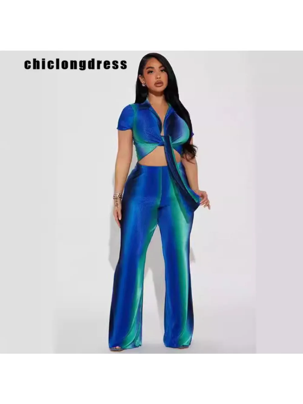Summer Fashion Print Two Piece Set Women Casual Beach Style Tie Up Shirt Wide Leg Pants Two Piece Set Women