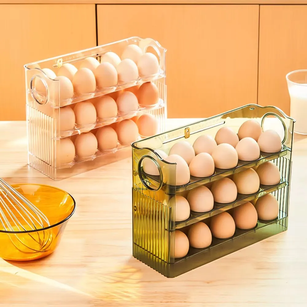 1pc Egg Holder Refrigerator 3 Layer Auto Flip Egg Storage Box For Refrigerator Side Door 30 Count Large Capacity Clear Egg Box 4