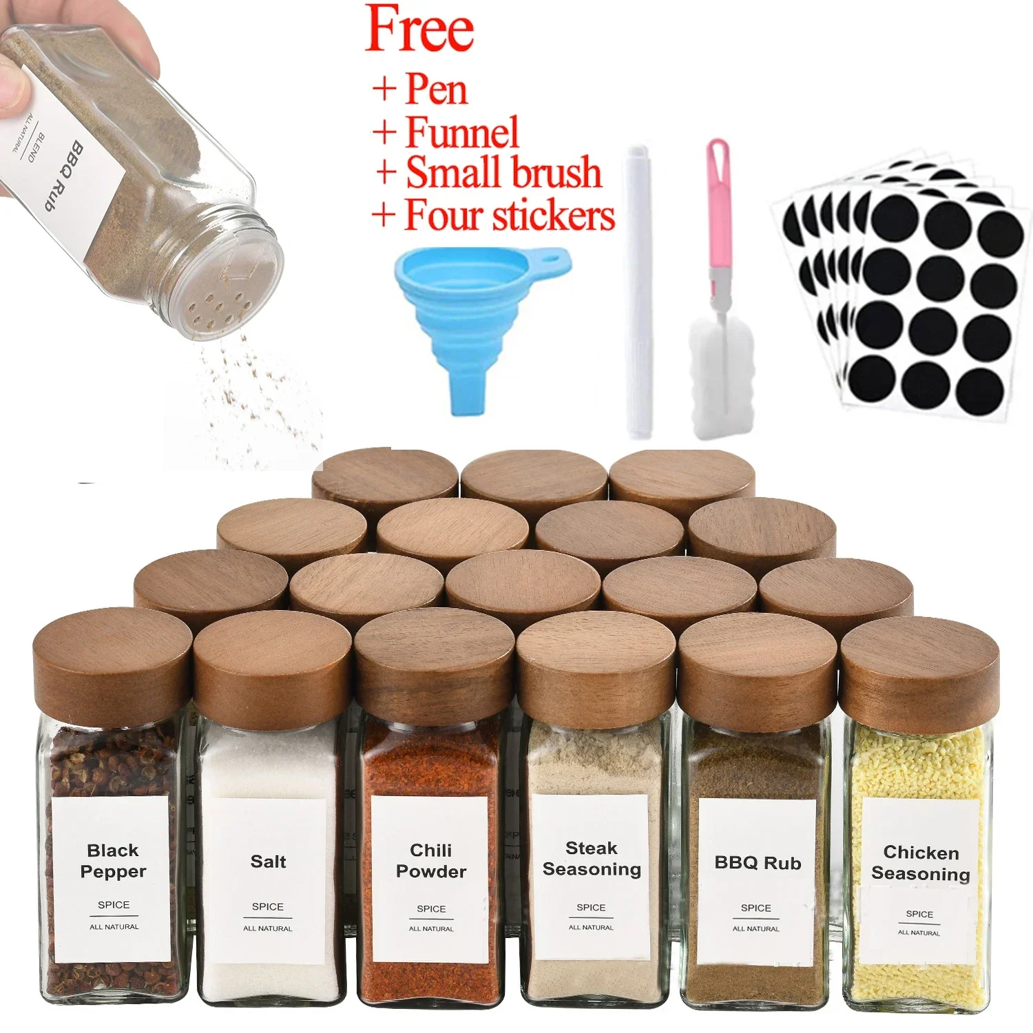 Seasoning Jar Salt Shaker Spices Bottle 3-12pcs Wood Cover Glass Spice Jars