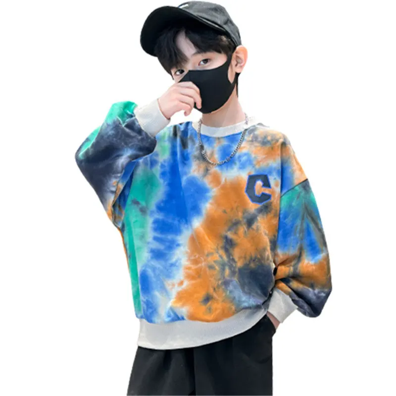 

Boys Sweatshirts Children Tie-Dye Print Tops Kids Cotton Long Sleeve T-Shirt School Pullover Costume Teenager Clothing 5-14Years