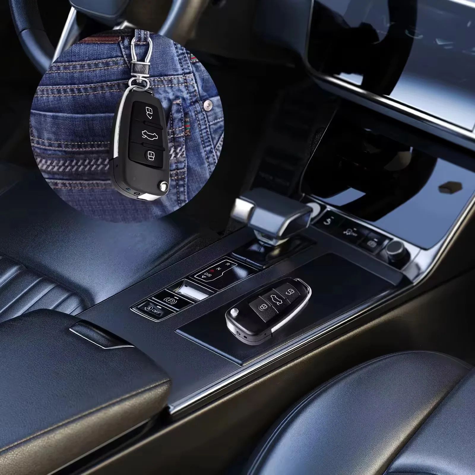 Flera vinklar av den kompakta nyckelringsenheten