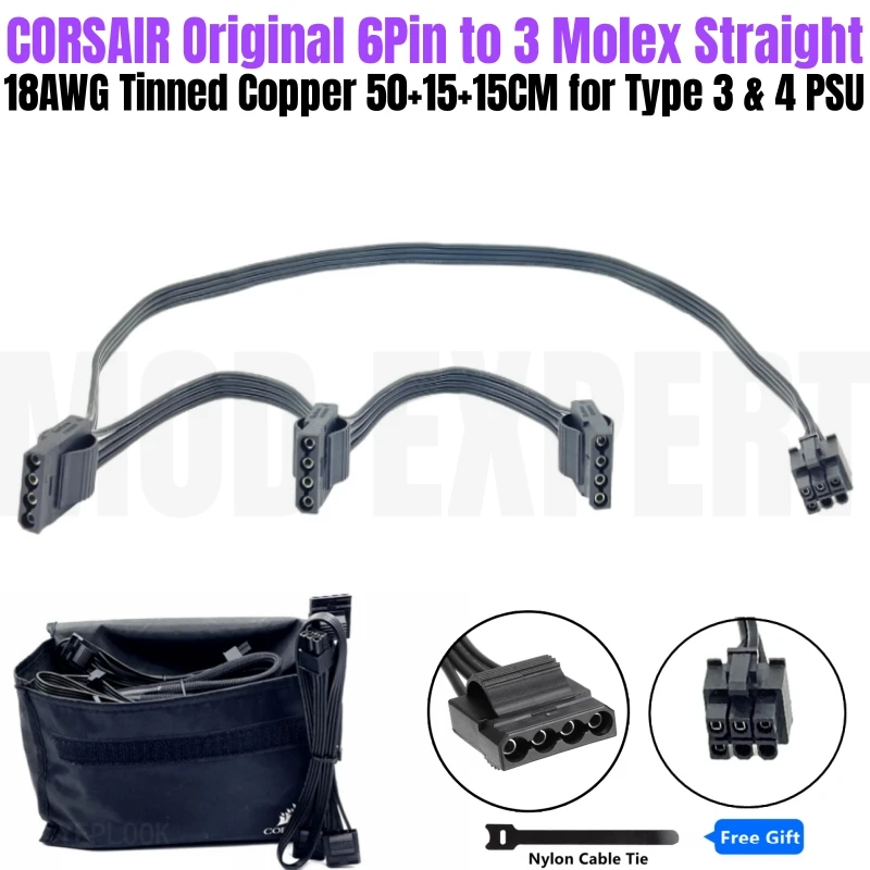 

Corsair 6Pin to 3x Molex IDE 4Pin HDD SSD Fan Power Supply Cable for SF450 SF600 SF750 Fully Modular PSU 18AWG 50+15+15cm