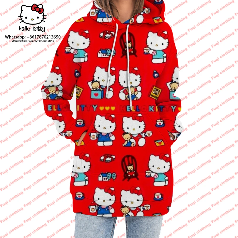 

Women's Sweater Dress Long Hooded Dress Autumn Hello Kitty Animation Long Sleeve Pullover Fashion Women's Sweater Dress