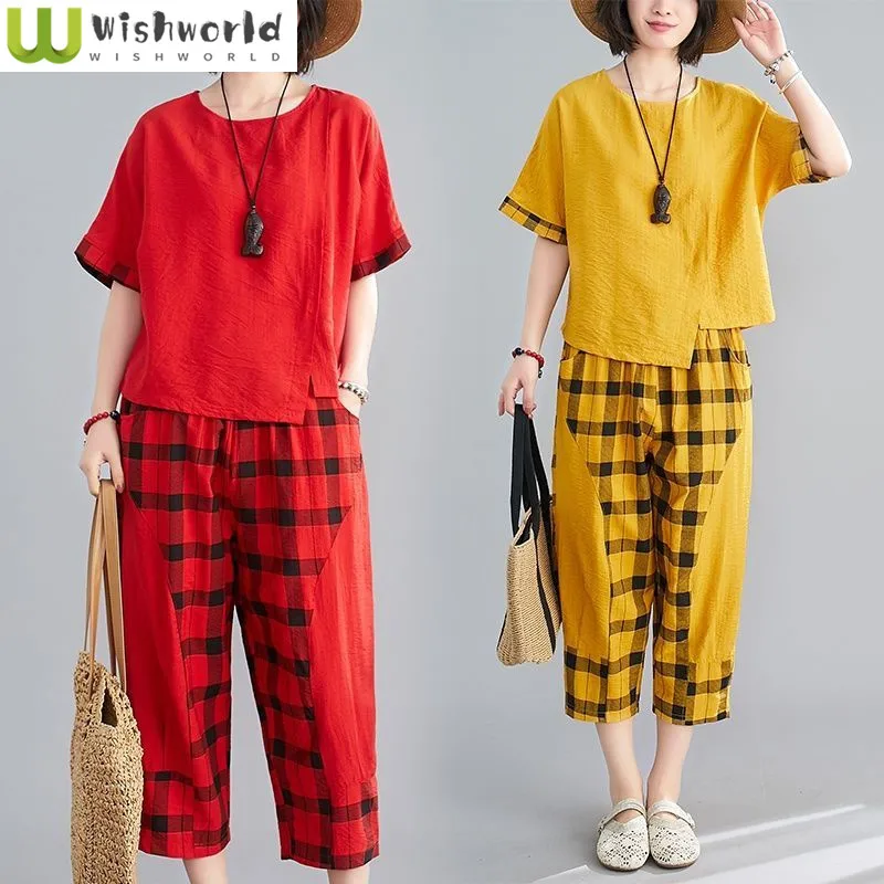 100% Cotton Asymmetric Short Sleeved T-shirt Plaid Patchwork Casual Pants Two-piece Elegant Women's Pants Set Summer Outfits