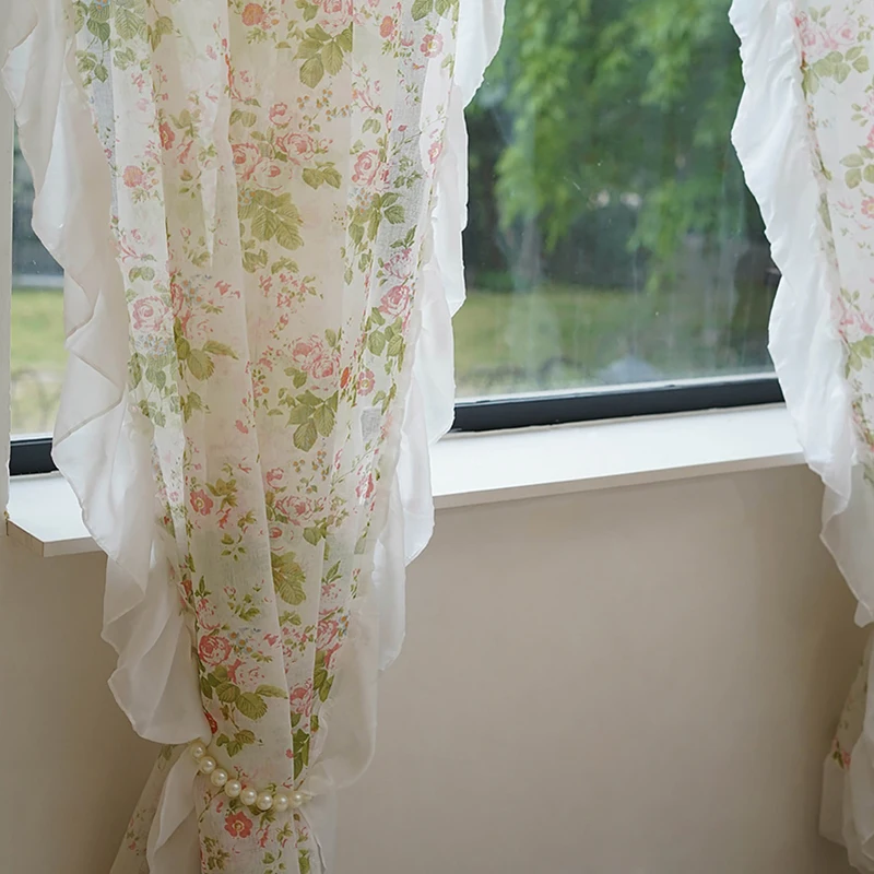 Idyllic American Rural Flowers Window Tulle Door Curtains Floral Gauze Warp Ruffled Door Curtains for Kitchen Balcony #A119 3