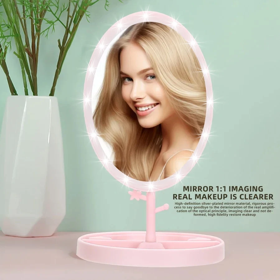 LED Makeup Mirror With Light Lamp With Storage Desktop Rotating Cosmetic Mirror Light Adjustable Dimming USB Vanity