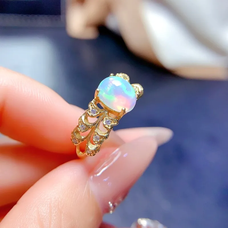 100% Luxury New Boutique Jewelry Ring True 925 Silver Natural Opal Open Ring Per Anello Di Fidanzamento