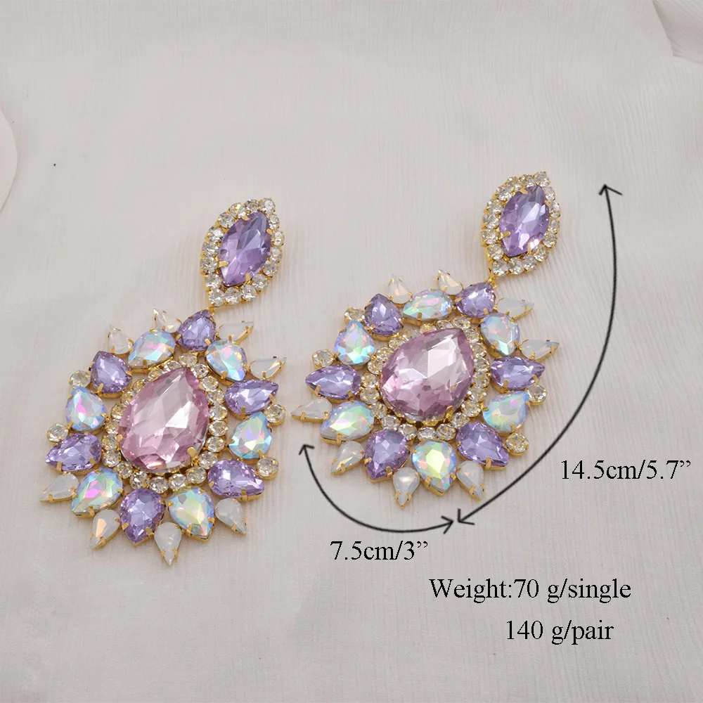 CuiEr 14.5CM Elegant Purple Crystal Clip on Women Earring Pink Water Drop Huge Fashion Jewelry for Beauty pageant Drag queen