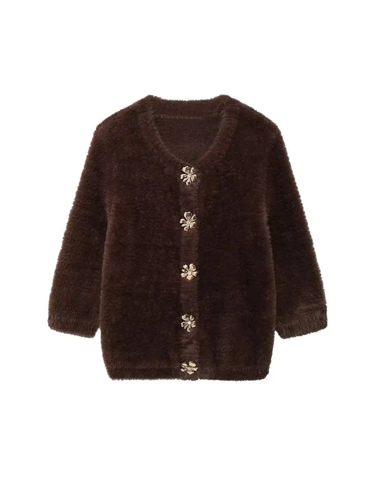 TRZA-Women's Gem Buttons Knit Cardigan Sweater, O Neck, Three Quarter Sleeve, Female Outerwear, Chic Tops, Fashion