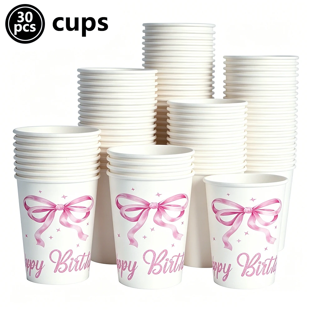 Pink Bow Birthday Party Tableware Set - Plates, Cups, and Napkins