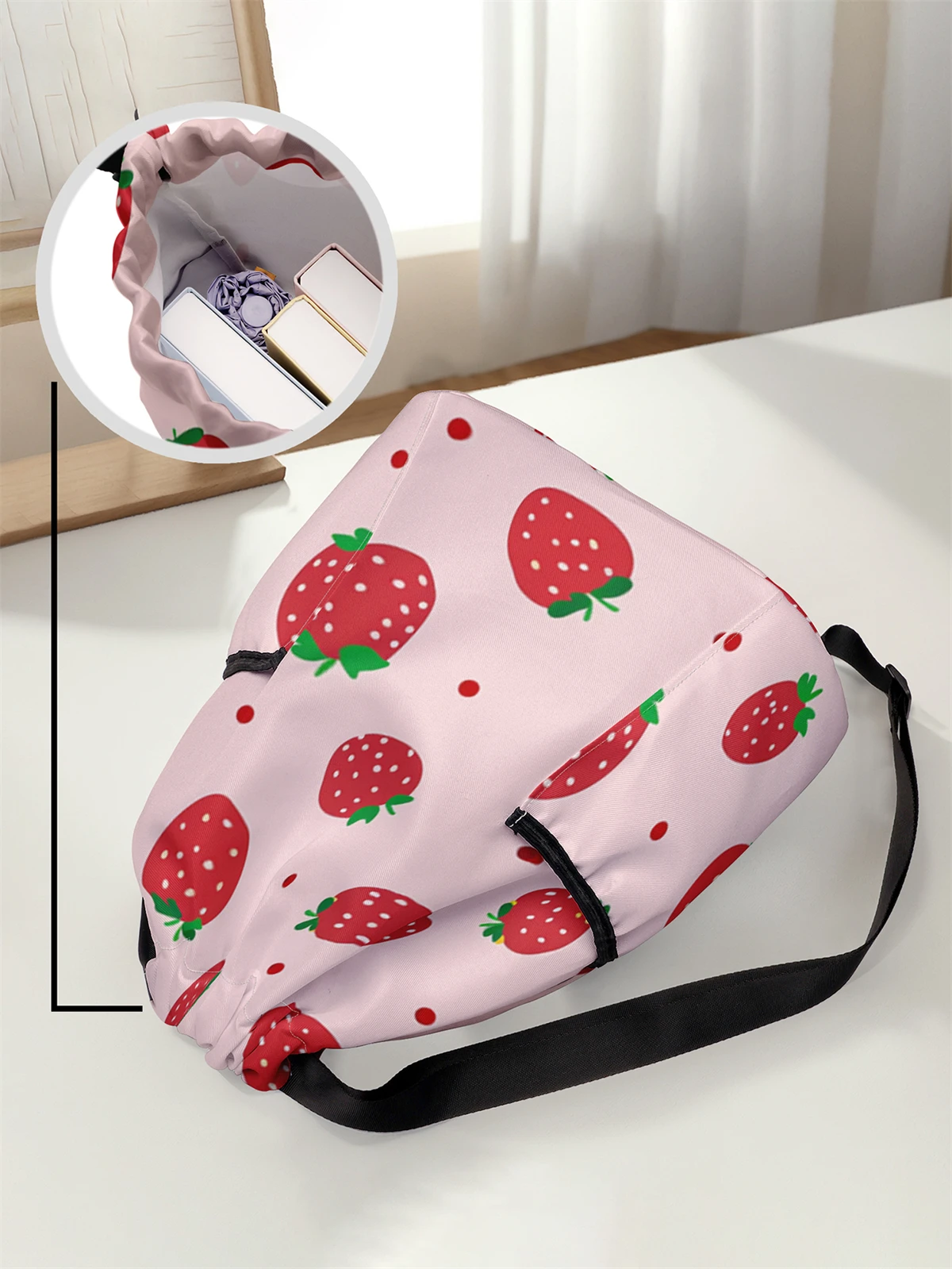 Strawberry Pattern Drawstring Backpack - Large Capacity Durable Fitness Bag, Adjustable Shoulder Straps, Sports Beach Backpack