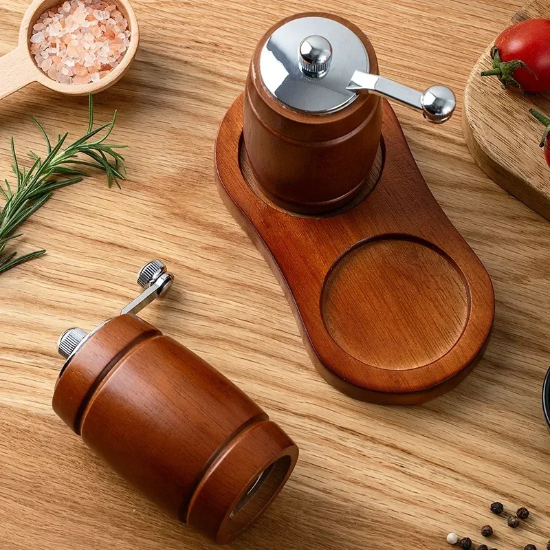 2Pcs Barrel Shape Salt and Pepper Grinder with Base Hand Cranked Wooden Pepper Grinder Salt Grinding Bottle Spice Pepper Mills