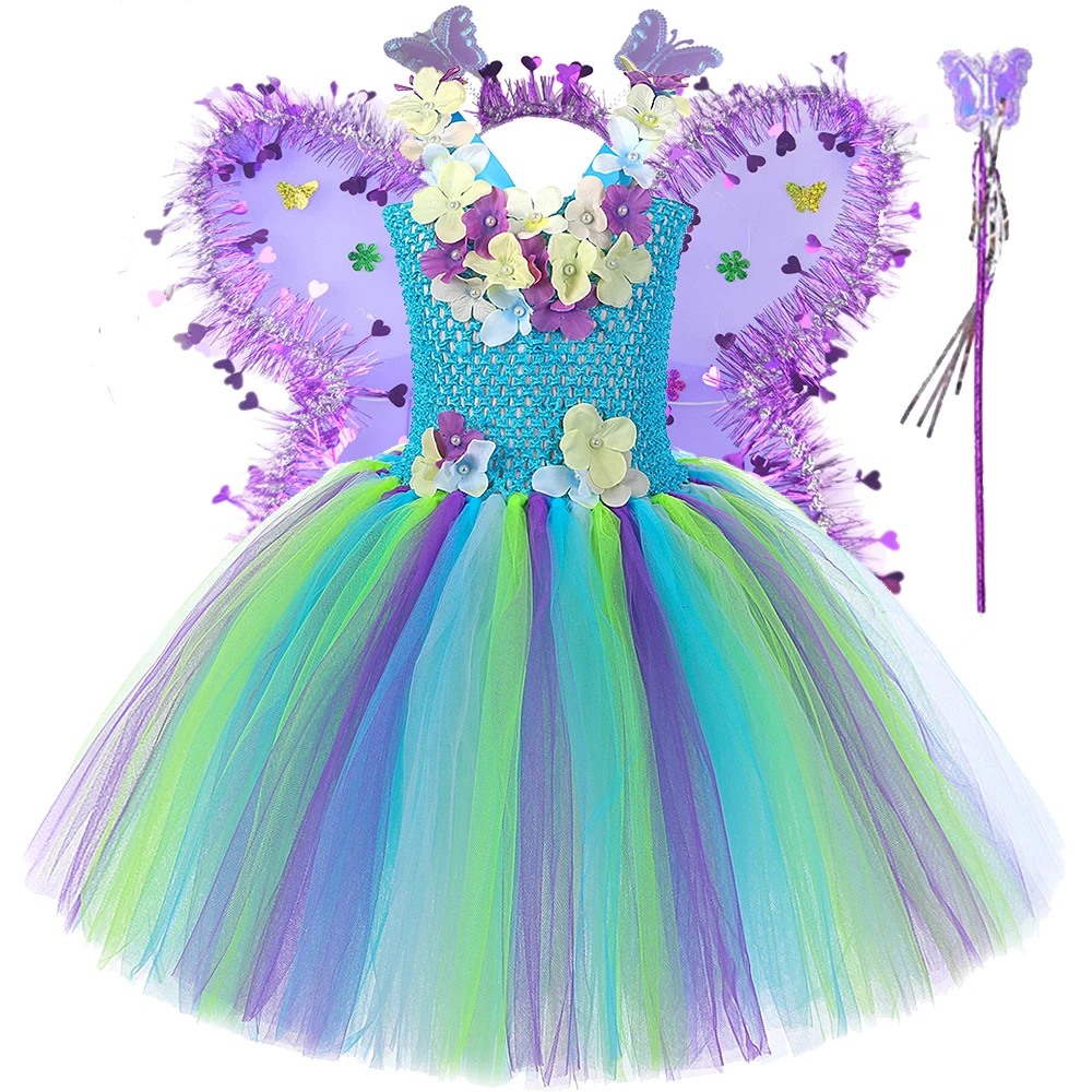 

Flower Jungle Fairy Costumes for Girls Birthday Party Tutus Kids Halloween Fancy Dress with Butterfly Wings Princess Girl Outfit