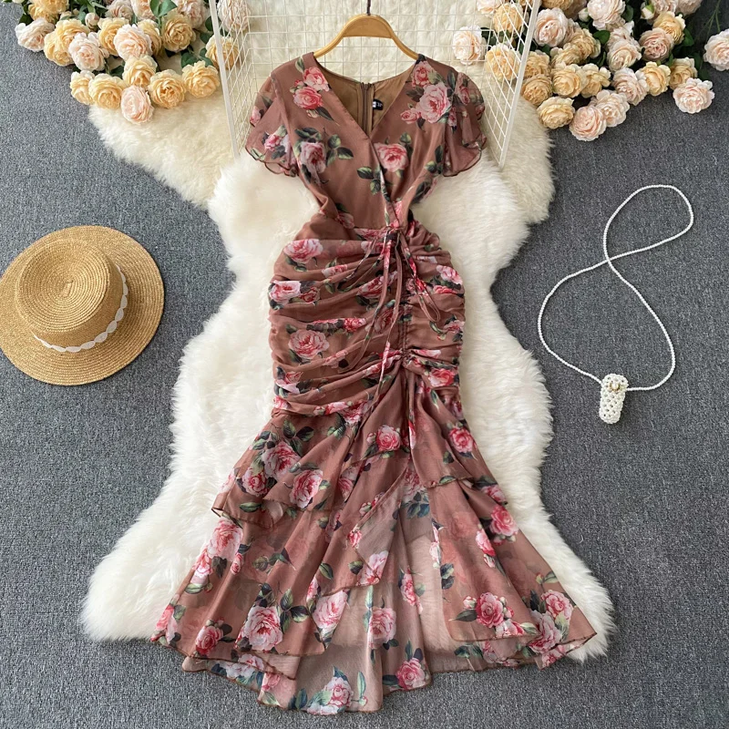

Fashionable Waist Bag Hip Mermaid Skirt Traf Official Store V Neck Dress Drawstring Print European Clothing Women Summer 2023