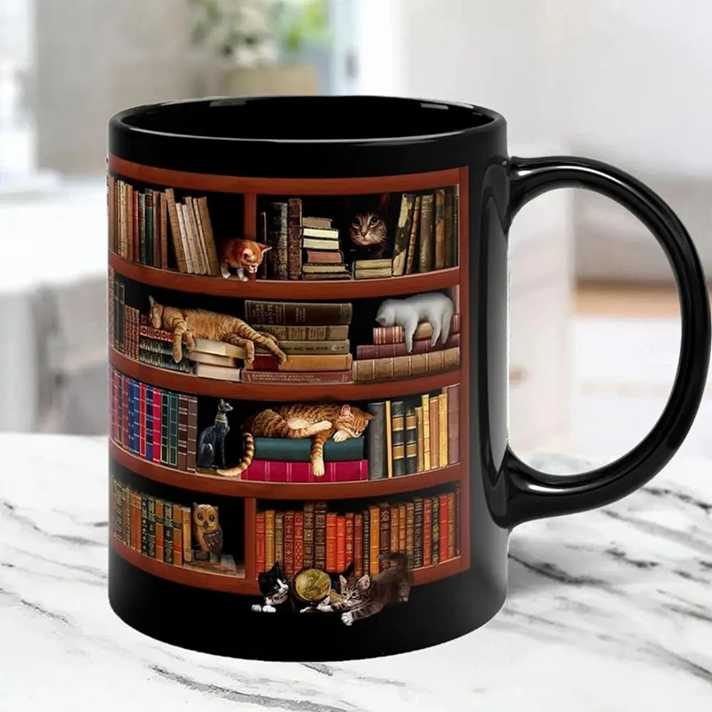 

3D Bookshelf Mug Library Bookshelf Cup Bookshelf Cat Design Book Mug Book Club Cup Novelty Coffee Mug Motivational Quote Durable