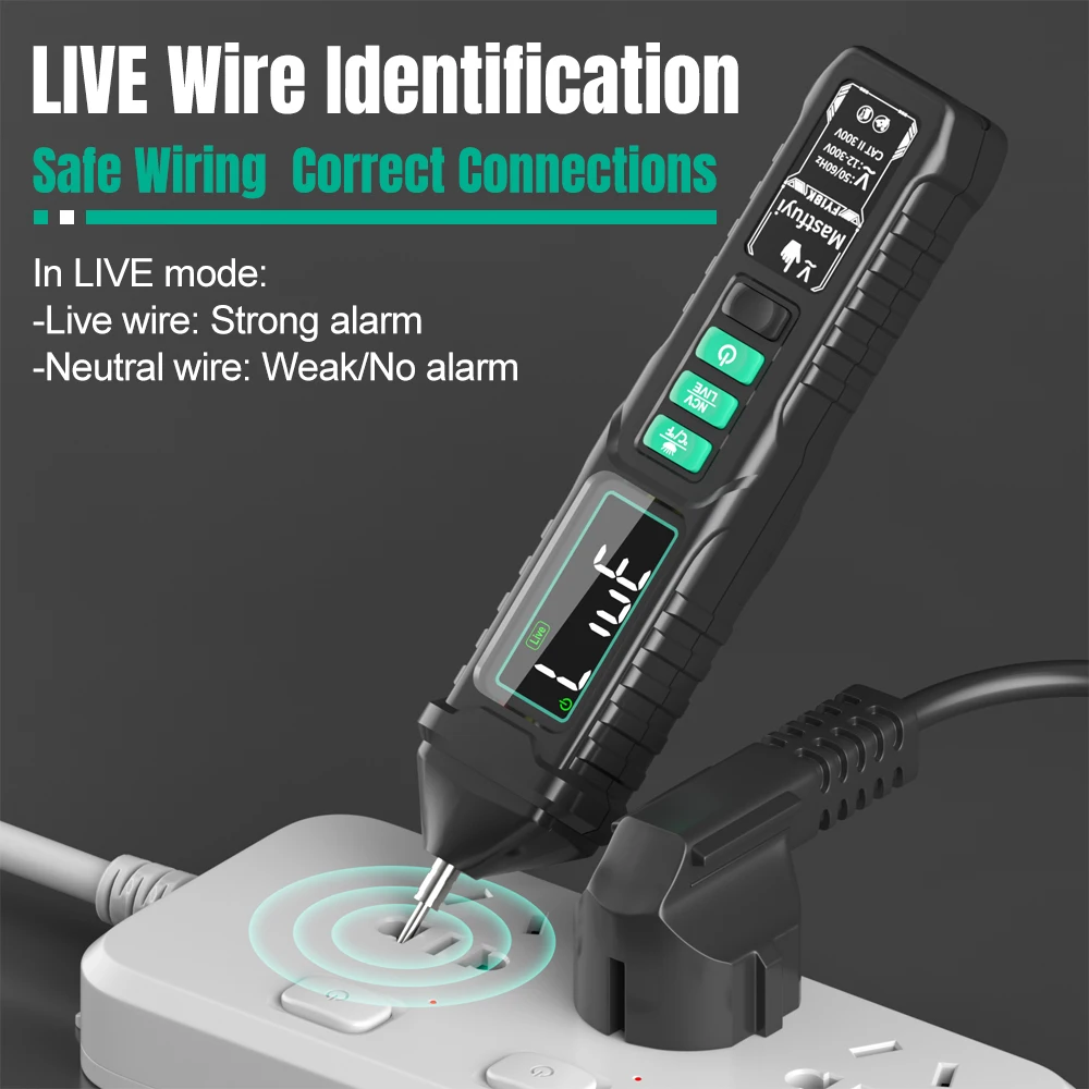 MASTFUYI AC 전압 검출기 12V-300V 비접촉 유도 테스터 펜 라이브 와이어 식별 손전등이있는 LCD 화면
