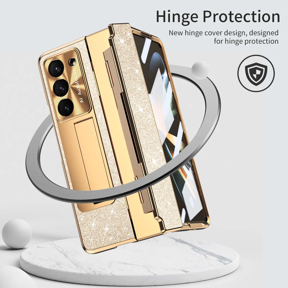 With S Pen Holder For Samsung Galaxy Z Fold 5 4 3 Case Hinge Glitter Bling Plating Leather Luxury keyboard Full Protection Cover