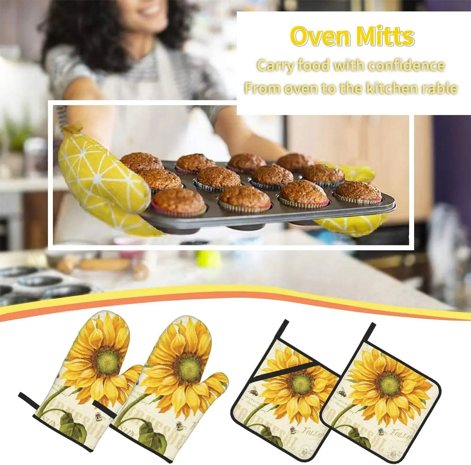 Sunflowers Oven Mitts and Pot Holders 4 Pcs Sets Heat Resistant Gloves for Kitchen BBQ Cooking Baking Grilling