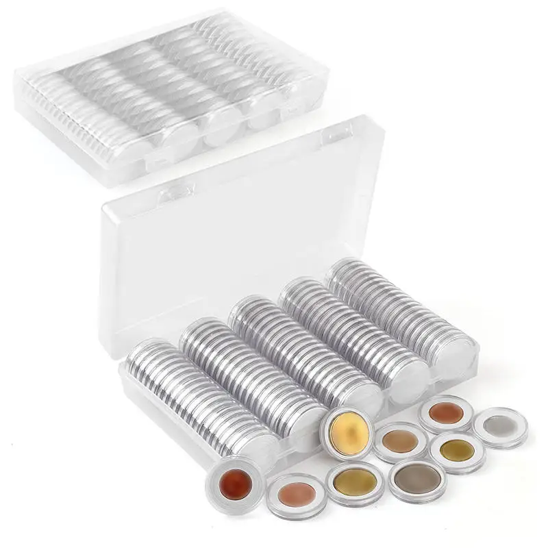 100Pcs 조정 패드가있는 명확한 동전 캡슐 홀더 케이스 투명 기념 수집 가능한 동전 보관 수집 용품