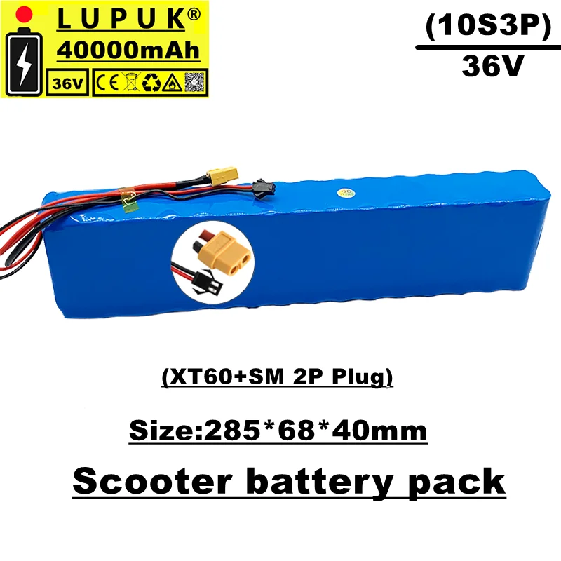 

Lupuk-36v lithium ion battery pack, 10s3p,40ah,sm+xt60 connector, suitable for electric bicycles and scooters, equipped with BMS