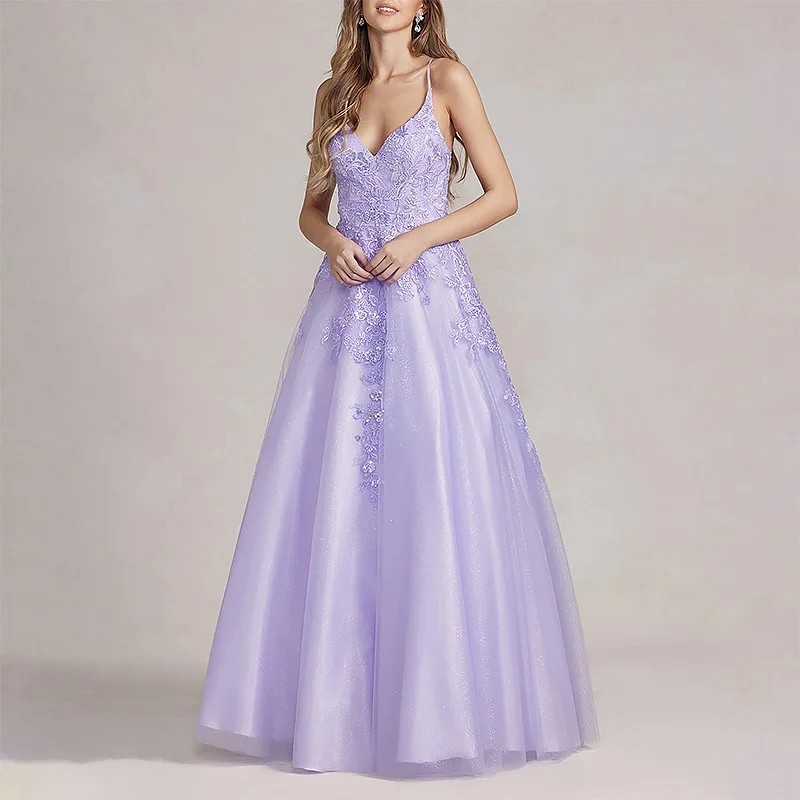 

Long Lilac Beads Prom Dresses for Woman Spaghetti Strap Floor-Length A-Line Evening Party Formal Occasion Wedding Gala 2023 New