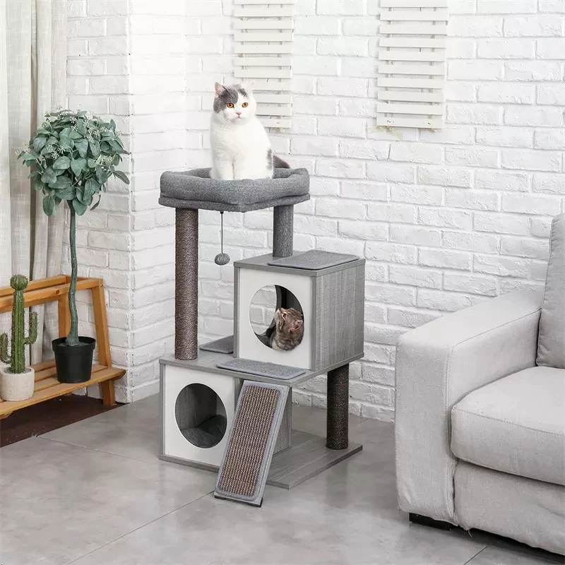 

Canada Warehouse Modern Wooden Cat Scratching Tree Tower With Ladder Beige