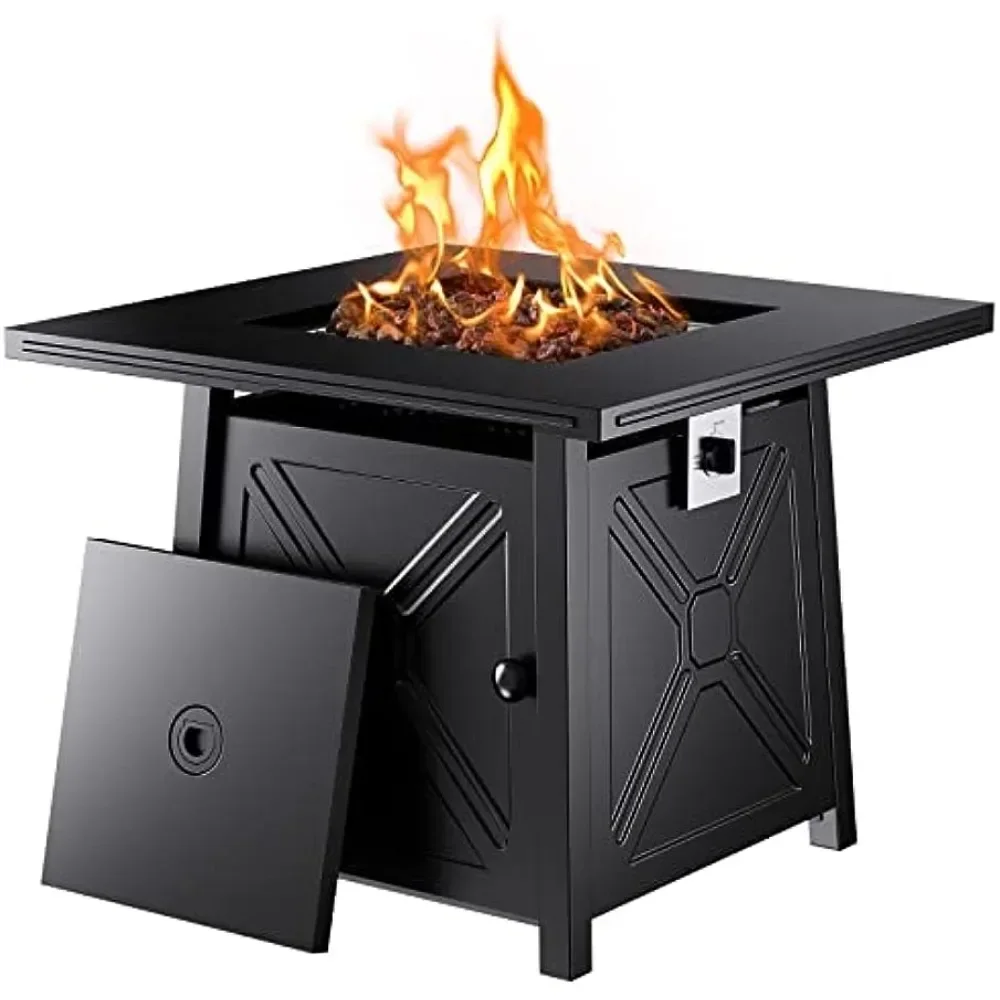 32 Inch Gas Fire Pit Table, 50,000 BTU Propane Fire Pits for Outsides with Steel Lid and Lava Rock, 2 in 1 Square Firepit Table