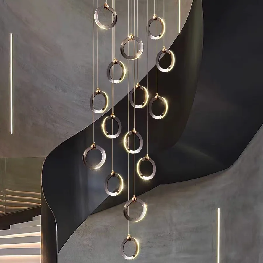 

Modern Rings Aluminum LED Chandelier For Staircase Luxury Crystal Round Hanging Lamps Minimalism Indoor Attic Lighting Fixtures