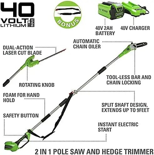 

8" Cordless Polesaw (Great For Pruning and Trimming Branches / 11 FT Reach / 60+ Compatible Tools), 2.0Ah Battery and Charge Gas