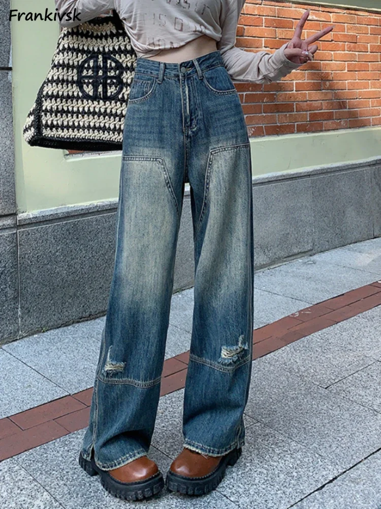 

Wide Leg Jeans Women Bleached Side-slit Ripped Japanese Preppy Style Hole Spring Autumn High Waist Full Length Slouchy Washed