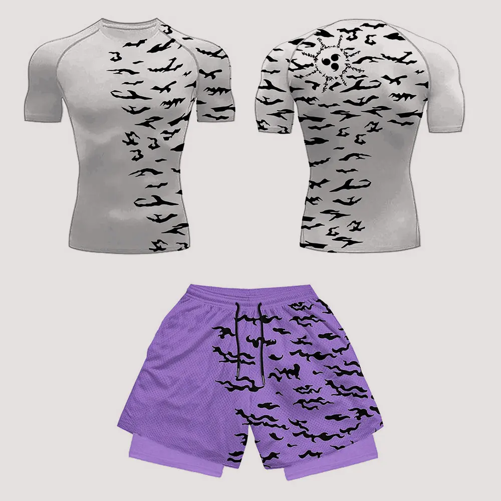 Anime Compression Set Running Fitness Suit for Men Quick Dry Compression Shirt + Gym Shorts 2PCS Summer Workout Sportwear sports suit