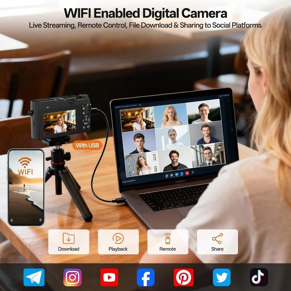 5K 디지털 카메라, 75MP 포인트 앤 슛 디지털 카메라 64GB, 듀얼 렌즈 18배 줌 오토포커스, WiFi 브이로그 카메라