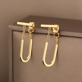 Stainless Steel Earrings Simple Geometric Stick Gothic Hip Hop Stereo U-shaped Tassel Pendant Earrings For Women Jewelry Gifts