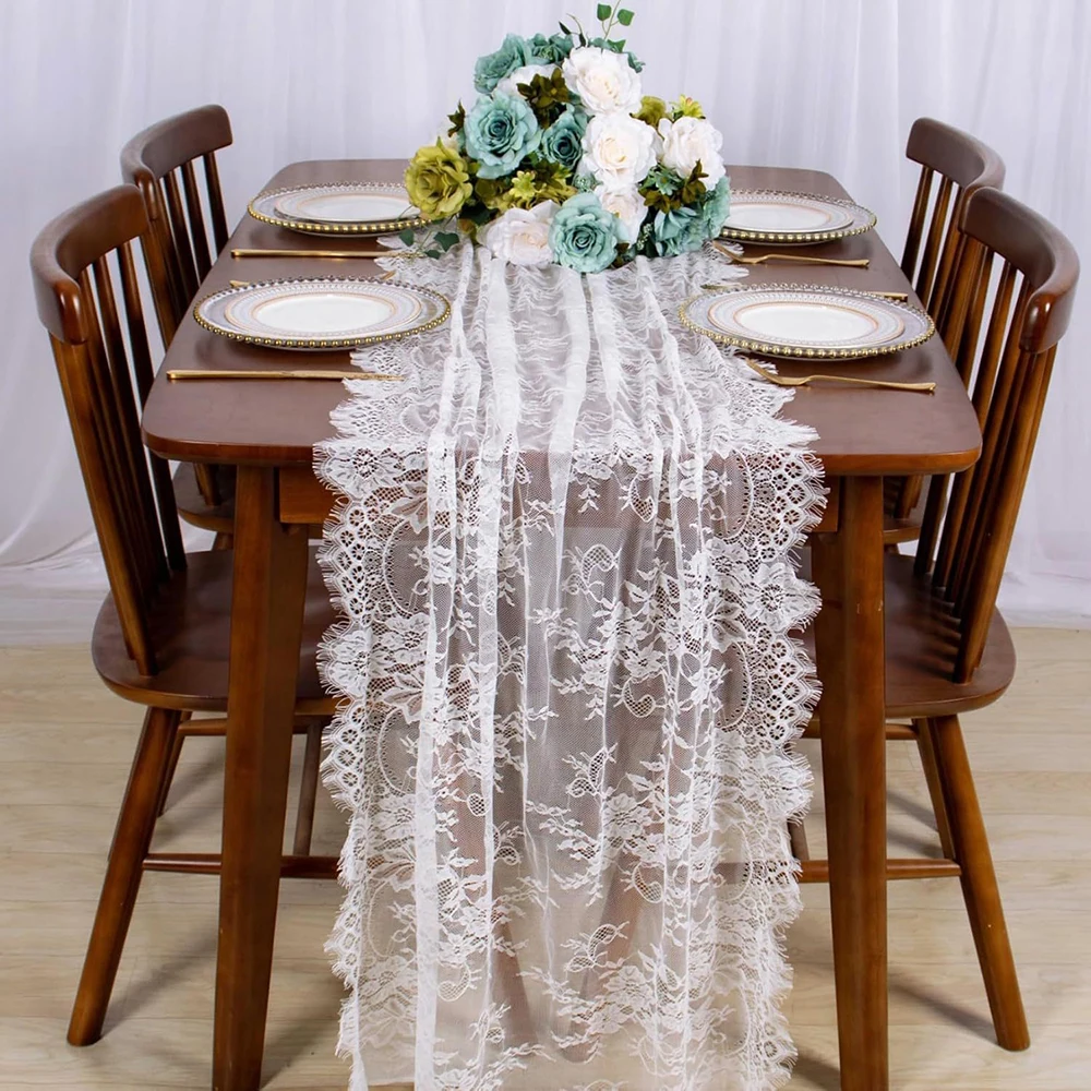Rustikale Hochzeits-Tischdecke aus weißer Spitze, Vintage-Stickerei, Empfangstischdecke, Boho-Party-Dekoration, Valentinstag-Tischdecke – Detail 6