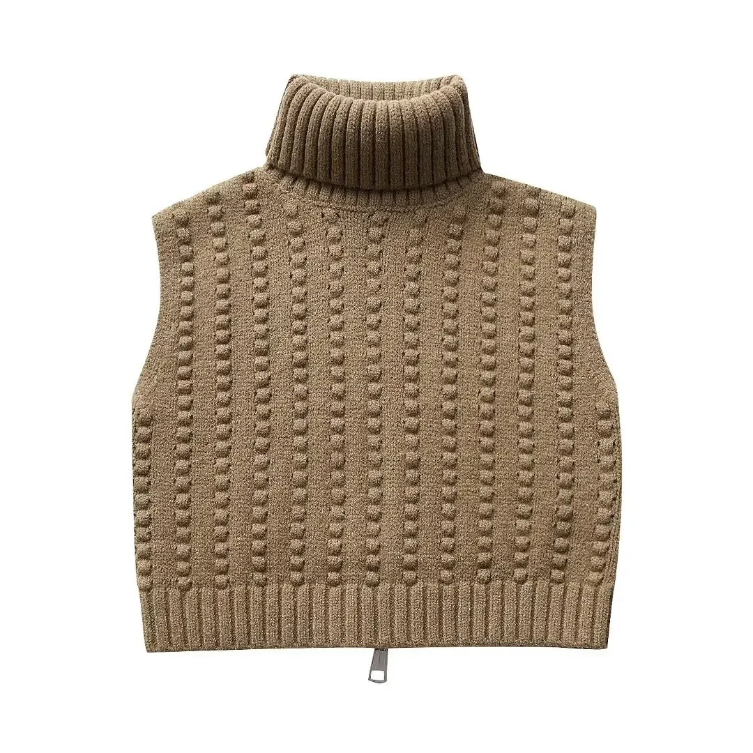 

Women New Fashion Rear zipper decoration Cropped Striped Knitted Vest Vintage High Neck Sleeveless Female Waistcoat Chic Tops