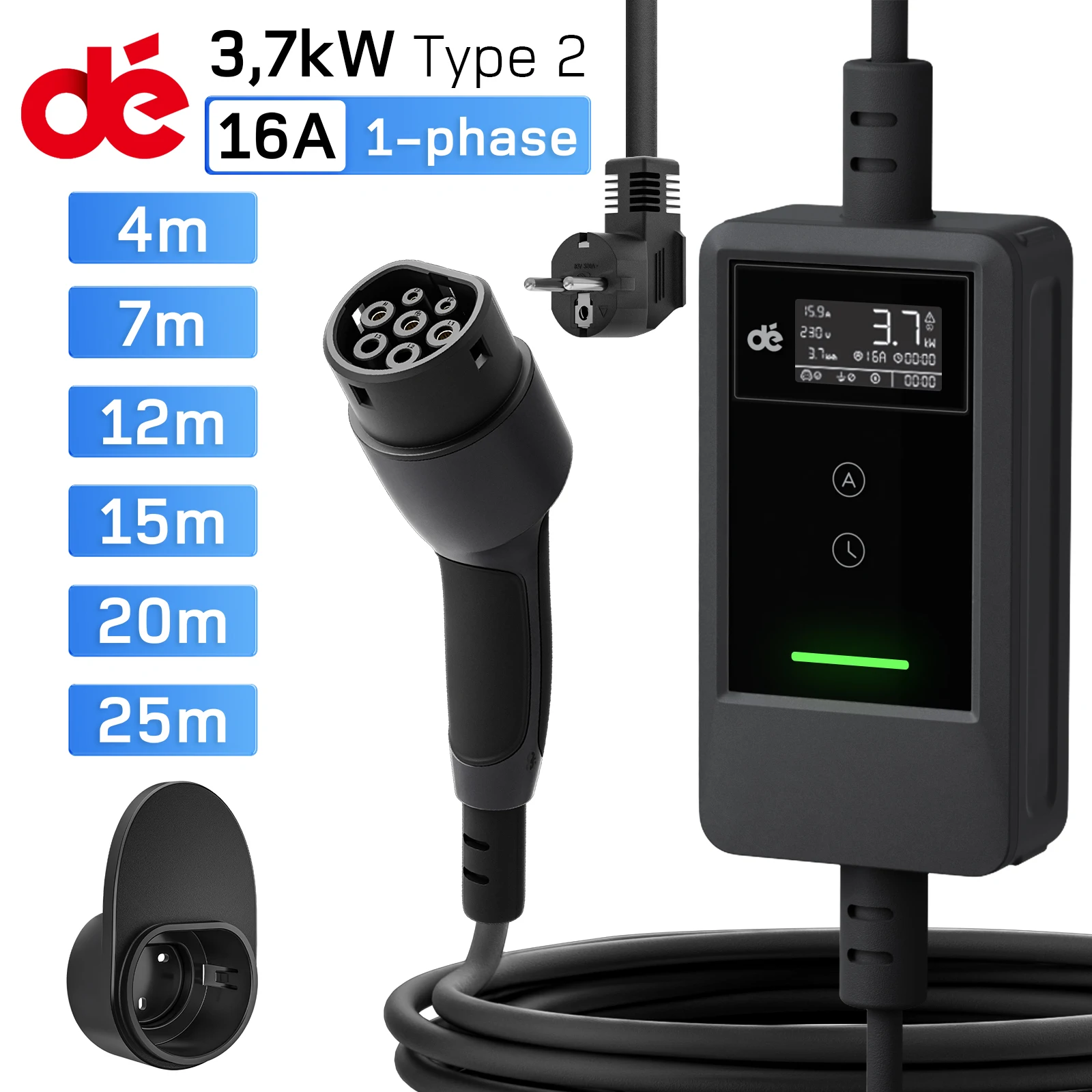 dé EV Charger Portable for Type 2  Electric Vehicle Dual Button Control LED Screen 3.7kW 16A 1-Phase Wallbox Charging Station