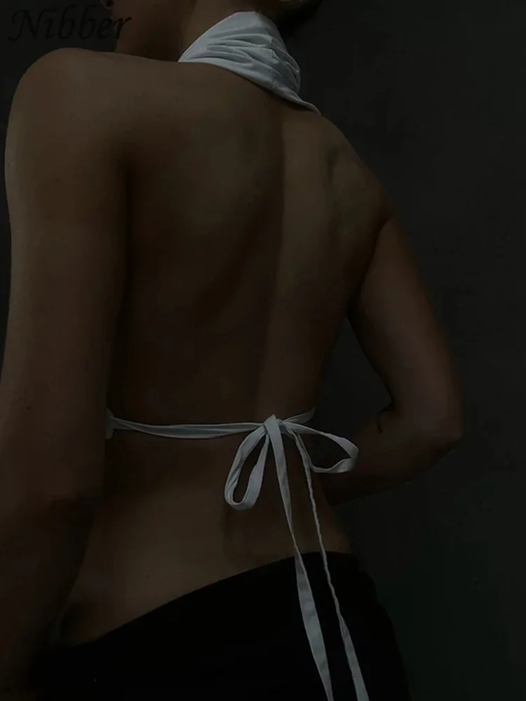 Nibber Summer Women's Solid Color Sexy Halter Tank Top Buttoned Pleats Open Back Lace Up Crop Top Female Midnight Party Tops