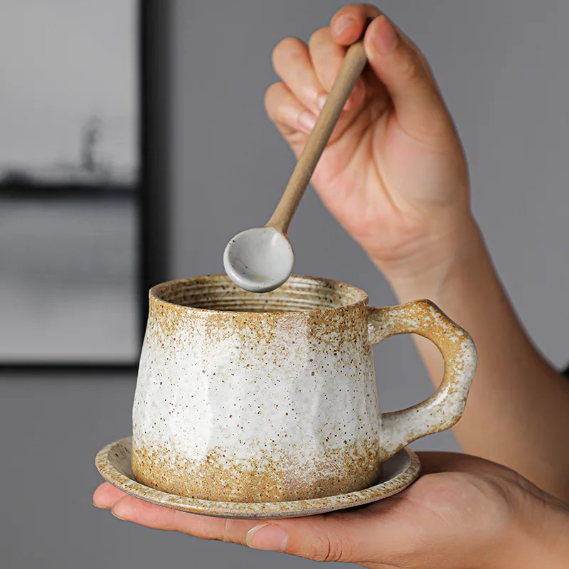 

Vintage Japanese Ceramic Coffee Cup Dish Set Kiln Coarsening Ceramic Creative Handmade Mug Water Cup Hand Gift