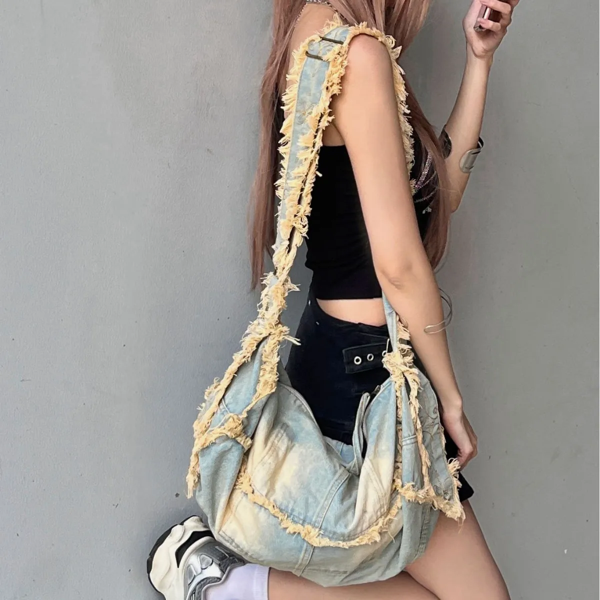 Women Shoulder Bag Large Capacity Denim Tote Solid Color Handbag Clutch Simple Female Commuter Handbag Crossbody Bag