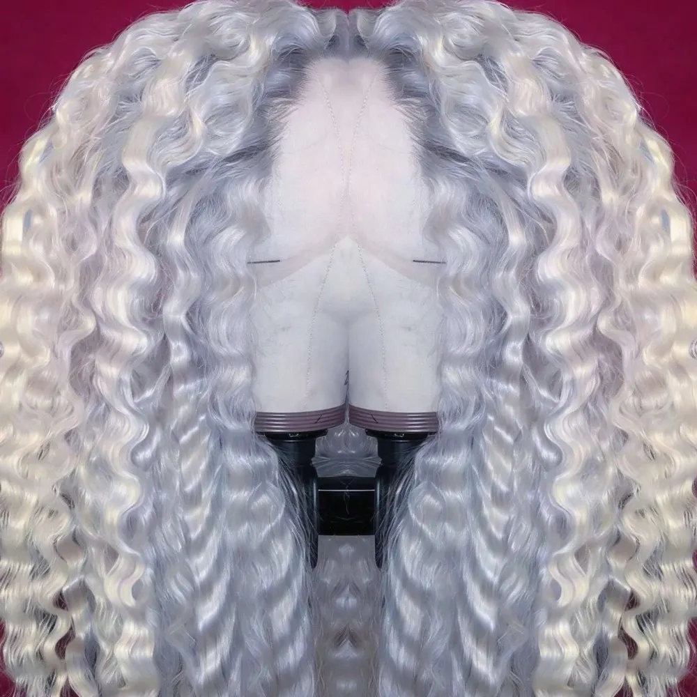 Glueless Grey Colored Deep Wave Human Hair Wigs For Women Silver Gray 13x4 Lace Wig Preplucked HD Transparent Lace Frontal Wig 3