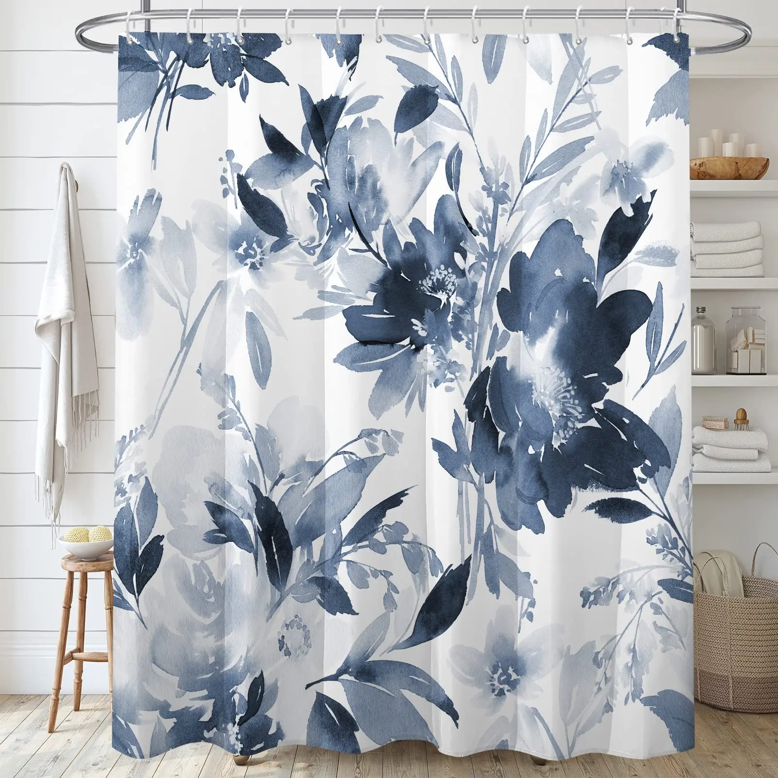 Blue Floral Shower Curtain Watercolor Flower Bath Curtain Polyester Fabric Waterproof Bathroom Curtains with Hooks Bath Screen shower curtains