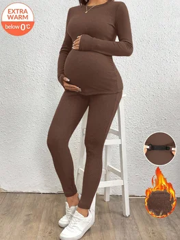 Women's maternity warm-up set with added insulation. Round-neck long-sleeved fitted base shirt + stretchy tummy-hugging pants. S