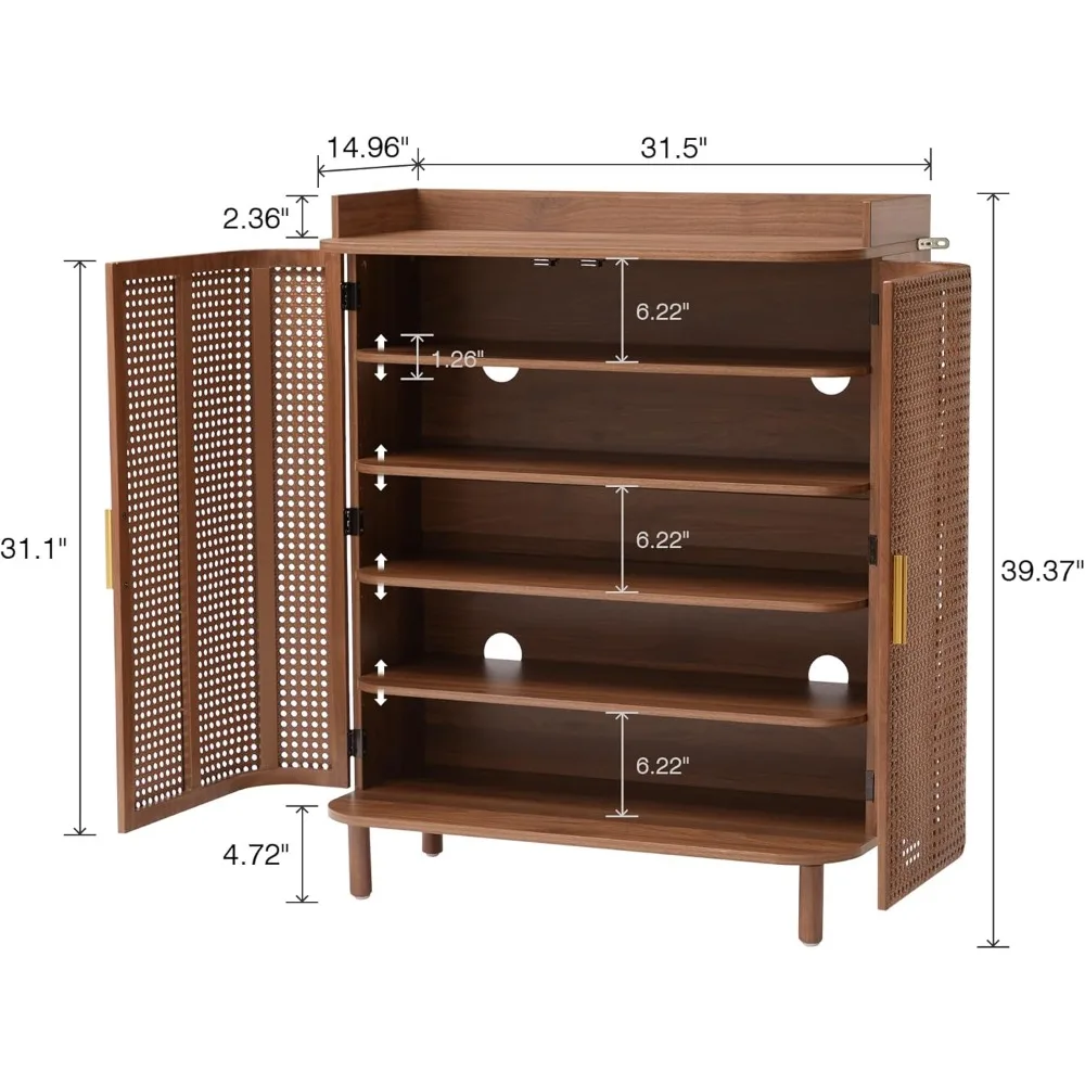 5 Tier Boho Wooden Shoe Cabinet - Adjustable Shelves & Curved Iron Rattan Door Shoe Storage Organizer 2