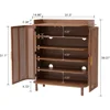 5 Tier Boho Wooden Shoe Cabinet - Adjustable Shelves & Curved Iron Rattan Door Shoe Storage Organizer 2