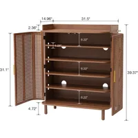 5 Tier Boho Wooden Shoe Cabinet - Adjustable Shelves & Curved Iron Rattan Door Shoe Storage Organizer 2