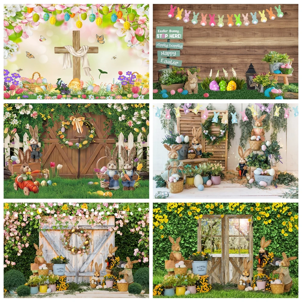 

Wooden Board Easter Photography Backdrop Rabbit Bunny Flag Flowers Eggs Green Grass Baby Birthday Party Decor Photo Background