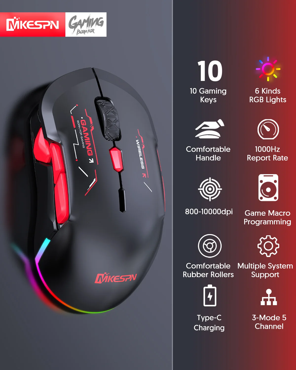 왼손잡이용 무선 게이밍 마우스 매크로 프로그래밍 RGB 백라이트 블루투스 2.4G 무선 연결 10000 DPI 10키 게이머 마우스 W12