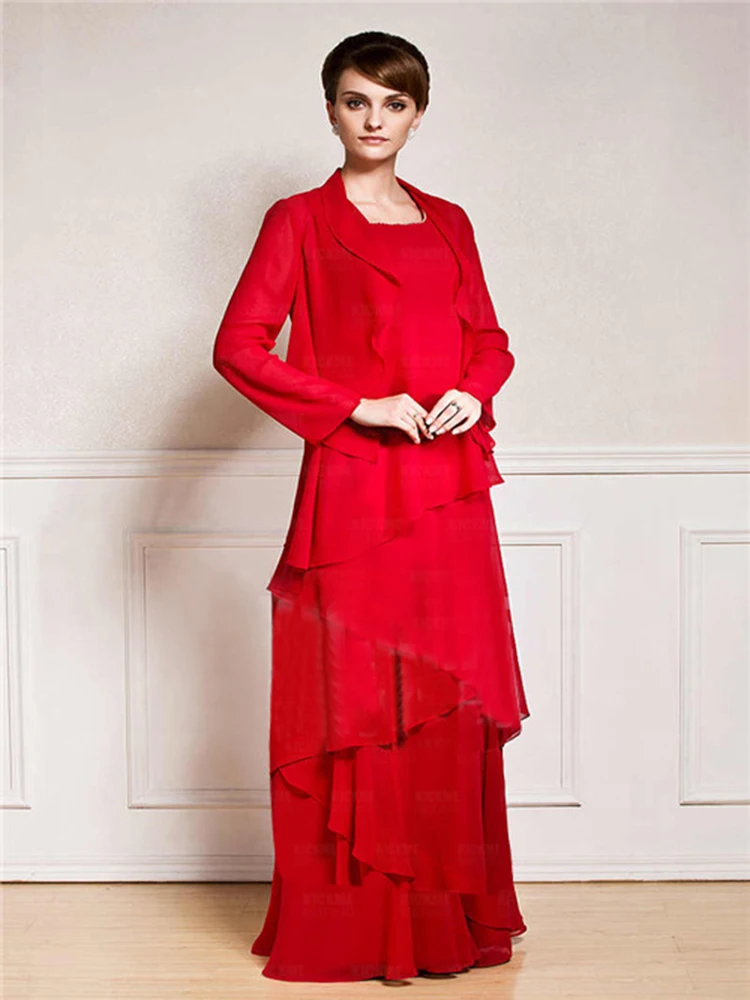 

Red Chiffon TwoPieces Mother of the Bride Dresses with Long Sleeve Jacket Custom size vestido madre de la novia talla grande